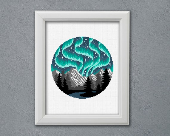 オーロラのクロスステッチパターン：オーロラの風景（PDFパターン