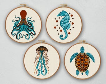 Sea Animals Cross Stitch Pattern Set: Ocean Life Embroidery (PDF Pattern)
