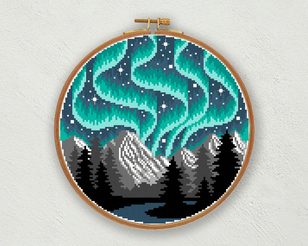 オーロラのクロスステッチパターン：オーロラの風景（PDFパターン