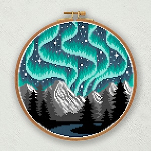 Northern lights cross stitch pattern, Aurora borealis cross stitch chart, Nature landscape counted cross stitch, Modern embroidery pattern