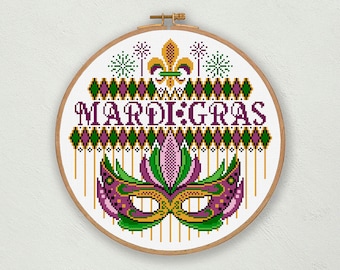 Mardi Gras cross stitch pattern, Mask cross stitch, New Orleans carnival cross stitch, Fleur De Lis cross stitch, Fat Tuesday cross stitch