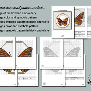 May include: Digital download pattern for cross stitch embroidery of a monarch butterfly. The pattern includes a color and symbol page, a black and white symbol page, and four pages each of color and symbol patterns and black and white symbol patterns.