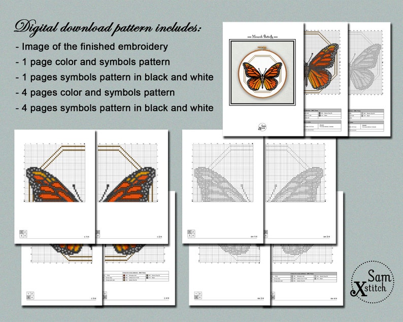 May include: Digital download pattern for cross stitch embroidery of a monarch butterfly. The pattern includes a color and symbol page, a black and white symbol page, and four pages each of color and symbol patterns and black and white symbol patterns.