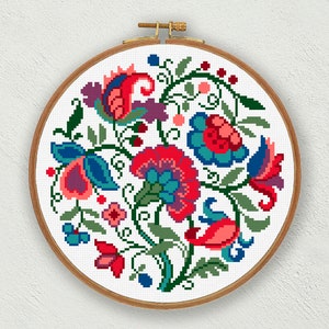 Puede incluir: Un patrón de bordado floral colorido en un aro de bordado de madera redondo. El diseño presenta flores rojas, rosas, azules, verdes y moradas con detalles intrincados.