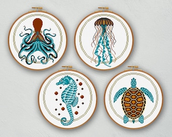 Sea Animals Cross Stitch Pattern Set: Ocean Life Embroidery (PDF Pattern)