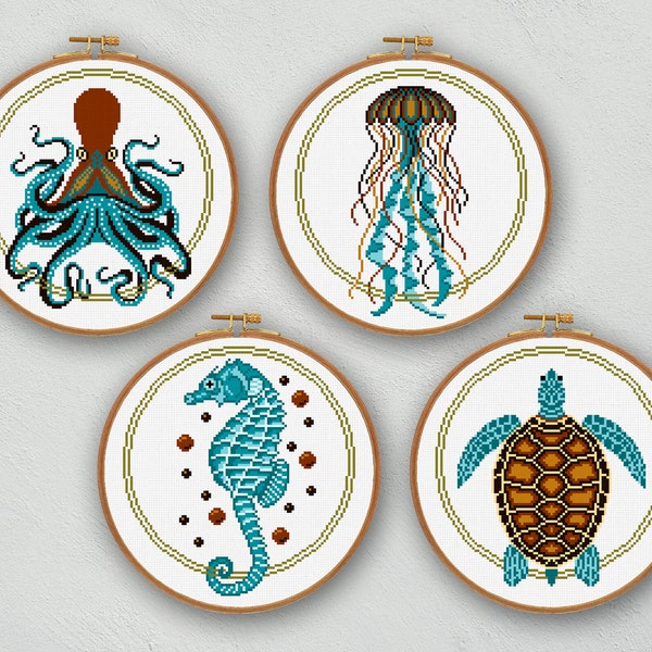 Set of sea animals cross stitch pattern, Sea life cross stitch, Ocean cross stitch, Coastal embroidery, Octopus, Jellyfish, Seahorse, Turtle