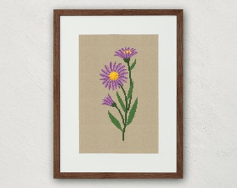 Aster cross stitch pattern, September birth month flower cross stitch pdf, Aster bloom, Instant digital download, Purple flower embroidery