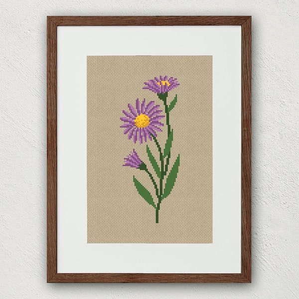 Aster cross stitch pattern, September birth month flower cross stitch pdf, Aster bloom, Instant digital download, Purple flower embroidery