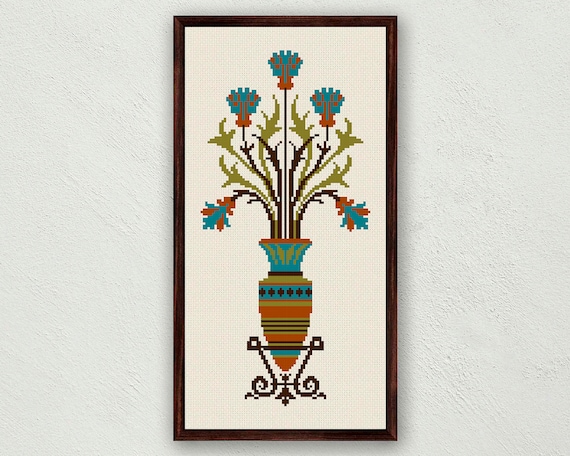 Neo Greek Vase Cross Stitch Pattern: Vintage Floral Embroidery (PDF)