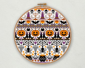 Halloween cross stitch pattern, Spooky cross stitch pdf, Scary cross stitch, Modern Halloween needlepoint decor, Witchy cross stitch sampler