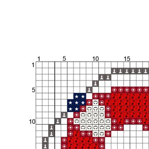 K&ouml;nnte beinhalten: Kreuzstichmuster mit einem rot-wei&szlig;-blauen Herzen mit Noten und Sternen. Das Herz ist von einem grauen Rand umgeben.