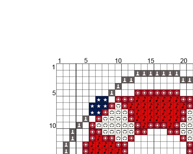 K&ouml;nnte beinhalten: Kreuzstichmuster mit einem rot-wei&szlig;-blauen Herzen mit Noten und Sternen. Das Herz ist von einem grauen Rand umgeben.