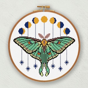 Luna moth cross stitch pattern, Moon phases cross stitch, Spanish moon moth cross stitch digital download, Bohemian embroidery, Mystical art