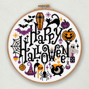 Happy Halloween cross stitch pattern, Halloween quotes, Halloween decor, Cat Pumpkin Bats Ghost Witch, Gothic, Spooky cross stitch sampler