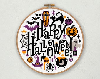 Happy Halloween cross stitch pattern, Halloween quotes, Halloween decor, Cat Pumpkin Bats Ghost Witch, Gothic, Spooky cross stitch sampler