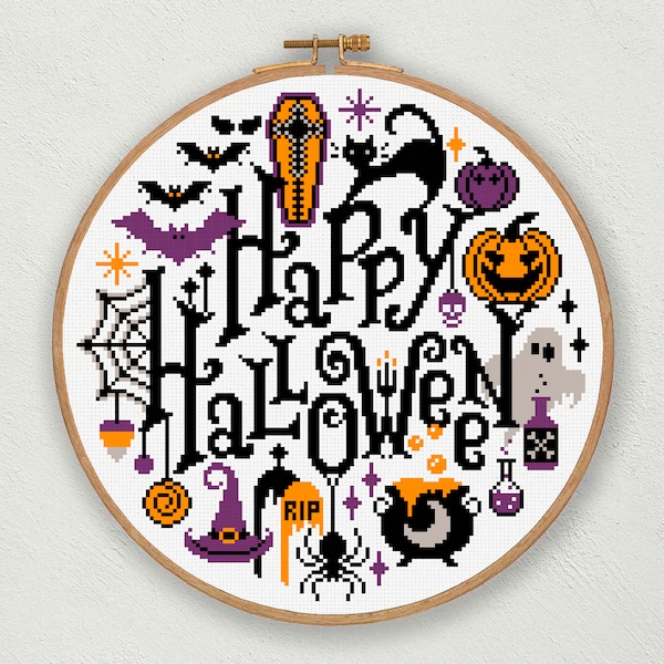 Happy Halloween cross stitch pattern, Halloween quotes, Halloween decor, Cat Pumpkin Bats Ghost Witch, Gothic, Spooky cross stitch sampler