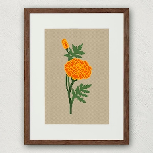 Goudsbloem kruissteek patroon, oktober geboorte bloem kruissteek, herfst bloemen kruissteek pdf, geboortemaand bloem borduurwerk Goudsbloem decor