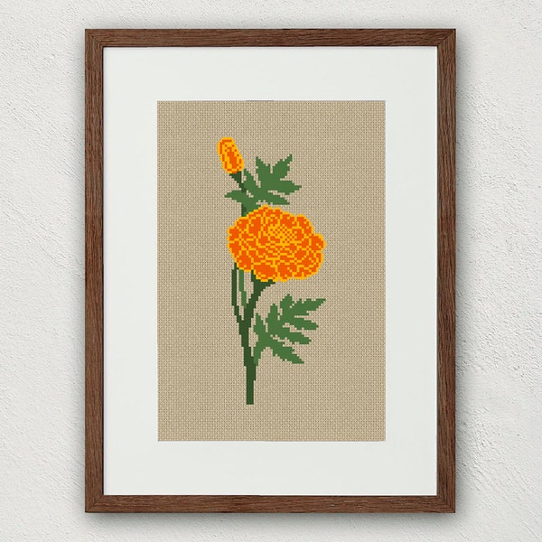 Marigold cross stitch pattern, October birth flower cross stitch, Fall floral cross stitch pdf, Birth month flower embroidery Marigold decor