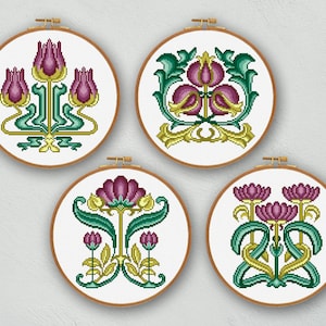 Set of Art Nouveau flowers cross stitch pattern, Art Nouveau cross stitch, Floral cross stitch chart, Purple flowers embroidery, Hoop art