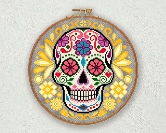 Kit Punto Croce Contato Santa Muerte, Motivo Decorativo Per Halloween E Día De Los Muertos, 21.5x20.5 Cm, Include Tela, Fili, Ago