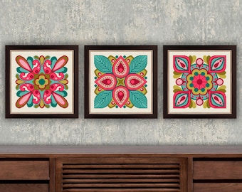 Mandala Tile Cross Stitch Pattern, Set of three geometric design (PDF Pattern)
