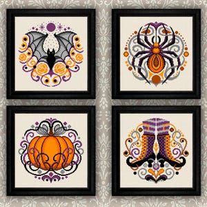 Set of Halloween cross stitch patterns, Bat cross stitch, Pumpkin cross stitch, Witch cross stitch, Spider cross stitch Halloween wall decor