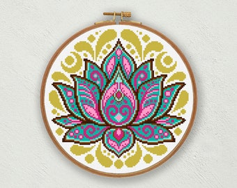 ロータスマンダラクロスステッチパターン：神秘的な花の刺繍（PDFダウンロード）
