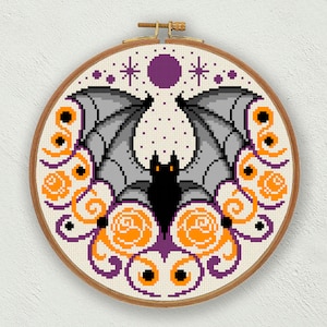Halloween bat cross stitch pattern, Gothic cross stitch, Halloween cross stitch, Fall counted cross stitch, Vampire cross stitch, Goth decor