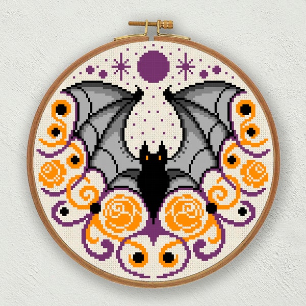 Halloween bat cross stitch pattern, Gothic cross stitch, Halloween cross stitch, Fall counted cross stitch, Vampire cross stitch, Goth decor