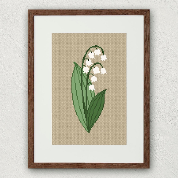 Modèle de point de croix de muguet, fleur de naissance de mai point de croix compté, décoration murale de fleurs sauvages Délicat floral pdf art de point de croix