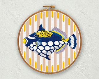 Clown triggerfish cross stitch pattern, Tropical fish cross stitch pdf instant download, Coastal embroidery, Sea life embroidery pdf pattern