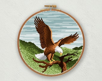 Bald eagle cross stitch pattern, Bird cross stitch, American eagle embroidery pattern, Wild life decor digital download, Mountain landscape