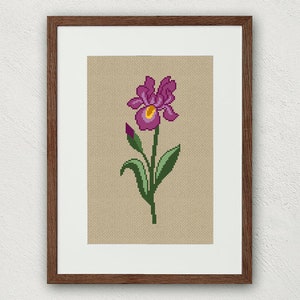 Puede incluir: Una bordadura de punto de cruz enmarcada de una flor de iris púrpura con acentos amarillos y hojas verdes sobre un fondo beige.