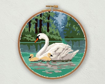 Patrón de punto de cruz "El lago de los cisnes": bordado de pájaro vintage (descarga digital en PDF)