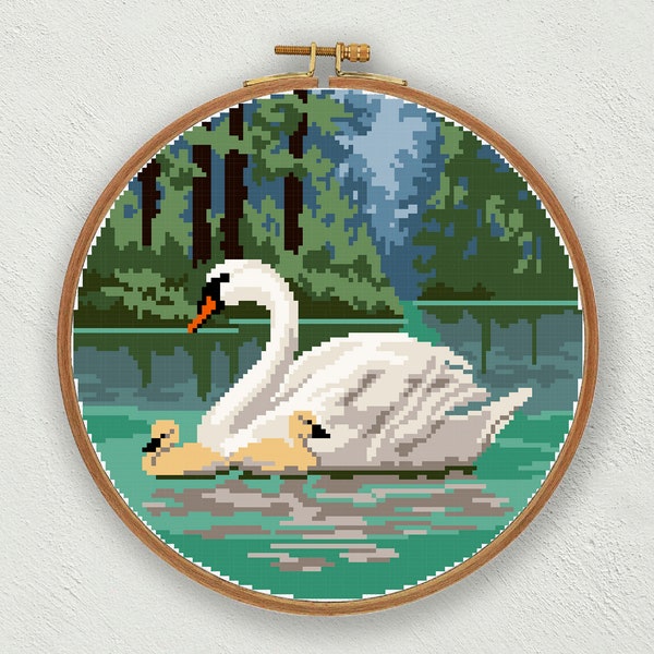 Swan cross stitch pattern, Swans lake cross stitch pdf digital download, Birds cross stitch Landscape cross stitch, Vintage embroidery chart