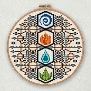 Puede incluir: Un aro de bordado circular con un diseño de punto de cruz que representa los cuatro elementos: agua, fuego, aire y tierra. Los elementos están representados por símbolos estilizados en azul, naranja, azul claro y verde.