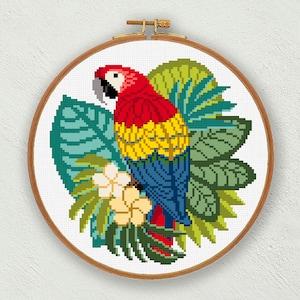 Scarlet macaw cross stitch pattern, Red parrot cross stitch chart, Tropical bird cross stitch pdf instant download, Exotic bird embroidery