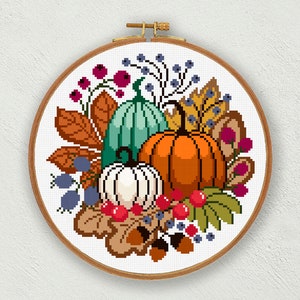 Patrón de punto de cruz de calabazas, gráfico de punto de cruz del Día de Acción de Gracias, punto de cruz de otoño, punto de cruz contado naturaleza otoñal, calabaza de cosecha