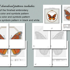 Puede incluir: Patr&oacute;n de punto de cruz para una mariposa monarca en un aro. El patr&oacute;n incluye una tabla de colores y s&iacute;mbolos, as&iacute; como una tabla de s&iacute;mbolos en blanco y negro.