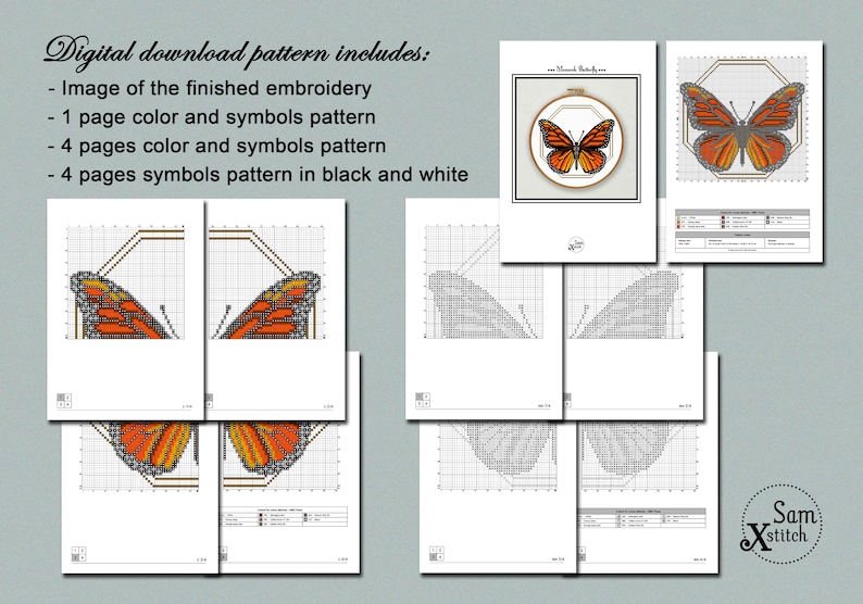 Puede incluir: Patr&oacute;n de punto de cruz para una mariposa monarca en un aro. El patr&oacute;n incluye una tabla de colores y s&iacute;mbolos, as&iacute; como una tabla de s&iacute;mbolos en blanco y negro.