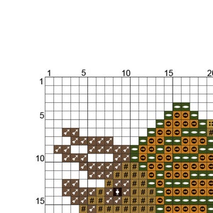May include: Cross stitch pattern featuring a brown bear with a green, orange, and brown design. The pattern includes a variety of stitches, including backstitch, French knots, and half-cross stitches.