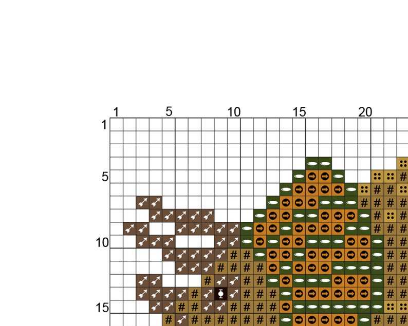 May include: Cross stitch pattern featuring a brown bear with a green, orange, and brown design. The pattern includes a variety of stitches, including backstitch, French knots, and half-cross stitches.