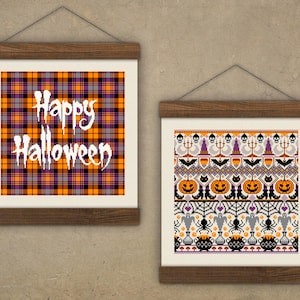 Conjunto de patrones de punto de cruz de Halloween, formato cuadrado, decoración de punto de cruz espeluznante, gráfico de punto de cruz aterrador, decoración de pared bordada de Halloween