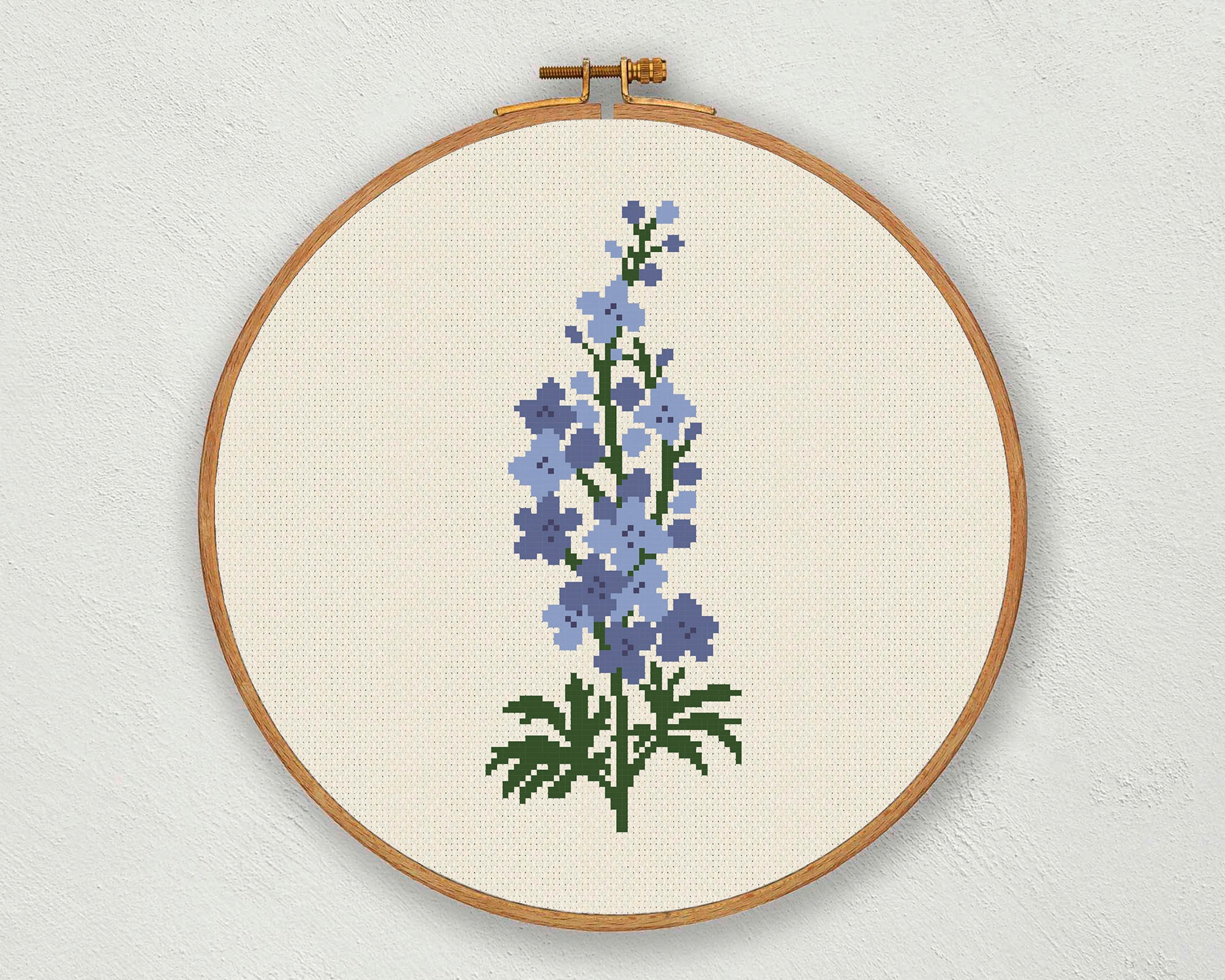 ラークスパーのクロスステッチパターン、7月の誕生花（PDFパターン