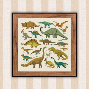 May include: A colorful cross-stitch pattern featuring a variety of dinosaurs, including a Tyrannosaurus Rex, Triceratops, Stegosaurus, and Brachiosaurus. The dinosaurs are depicted in a whimsical style with bright colors and simple details.