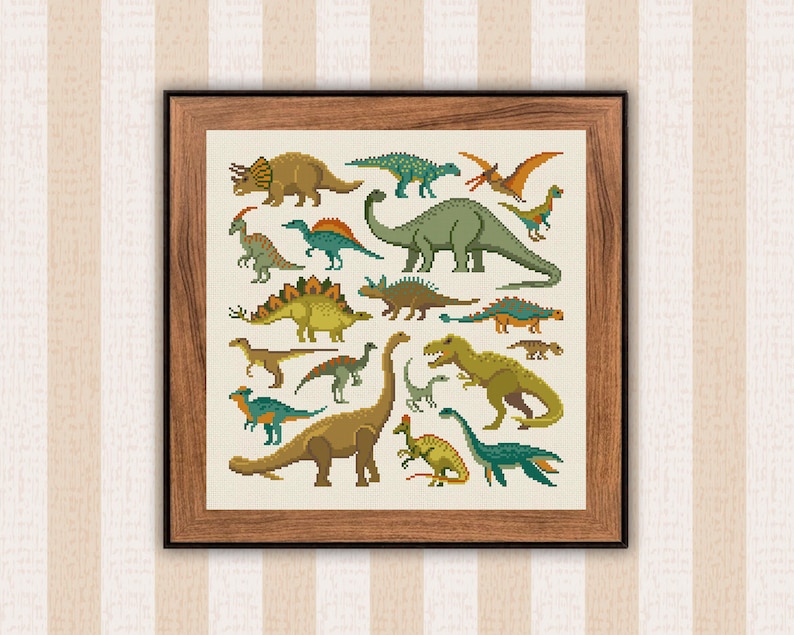 May include: A colorful cross-stitch pattern featuring a variety of dinosaurs, including a Tyrannosaurus Rex, Triceratops, Stegosaurus, and Brachiosaurus. The dinosaurs are depicted in a whimsical style with bright colors and simple details.