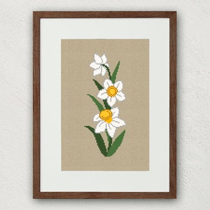 Kruissteekpatroon narcis, kruissteek bloemen december, borduurkaart witte bloemen, bloem geboortemaand december, botanisch decor