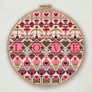 Valentines cross stitch pattern, Love cross stitch decor, Modern cross stitch pdf, Hearts cross stitch, Valentines day decor, Love sampler