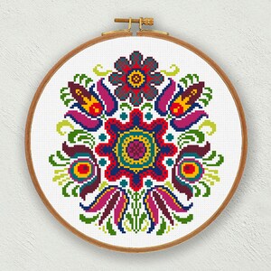 Puede incluir: Un patr&oacute;n de bordado floral colorido con una flor central en tonos de rojo, azul, amarillo y verde. El dise&ntilde;o est&aacute; rodeado de flores y hojas m&aacute;s peque&ntilde;as en una variedad de colores.