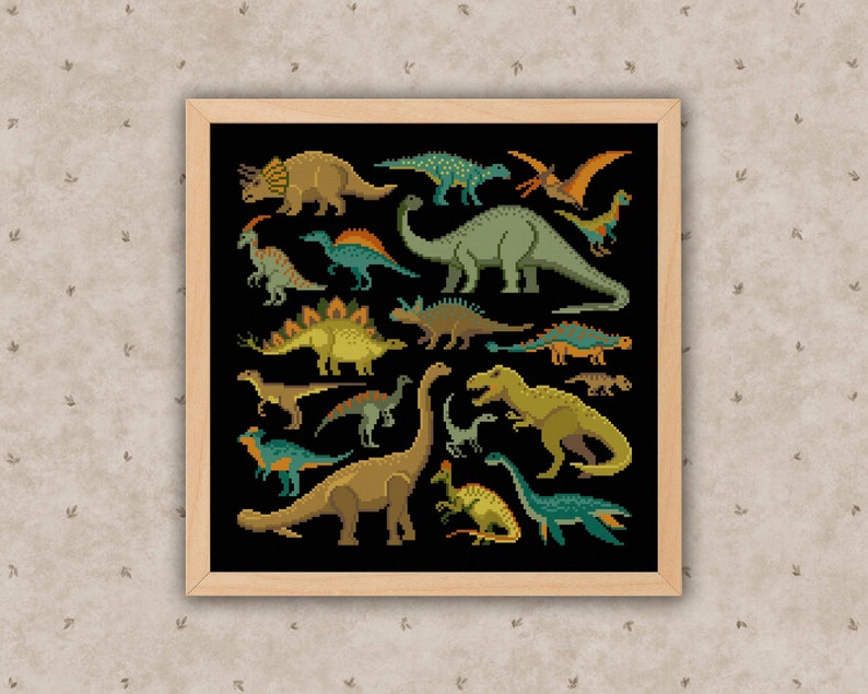 May include: A black and white cross-stitch pattern featuring a variety of dinosaurs, including a Tyrannosaurus Rex, Triceratops, Stegosaurus, and Brachiosaurus.